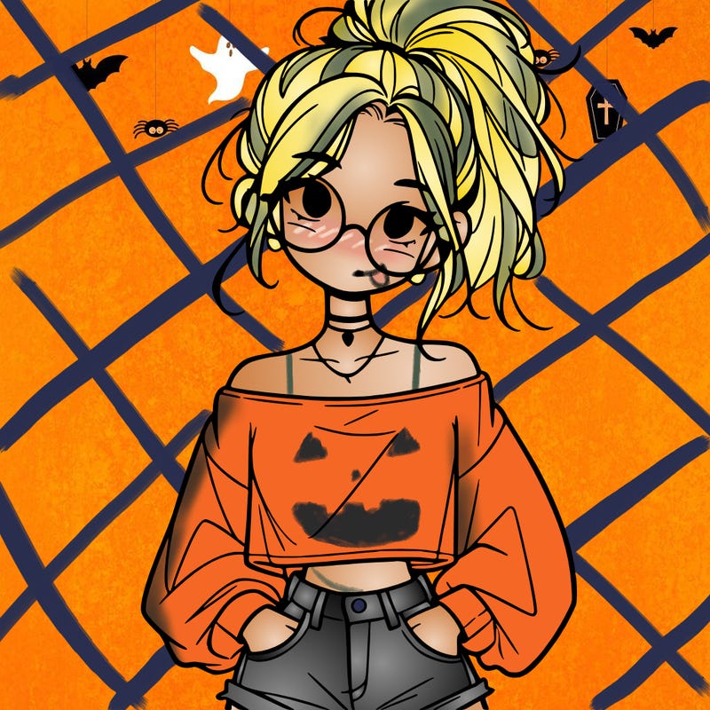 girl with a messy ponytail glasses a baggy crop top and jean shorts
