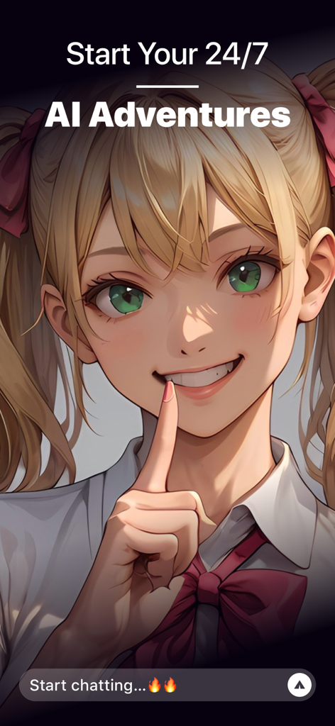 Anime girl character on MeMe AI app with start chatting prompt