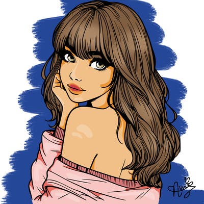 realistic girl with bangs looking over her shoulder