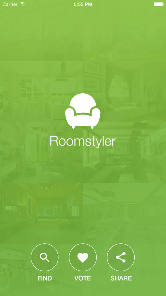 Pantalla de inicio de la aplicación de diseño de interiores Roomstyler con el logo del sillón y los iconos de encontrar, votar y compartir