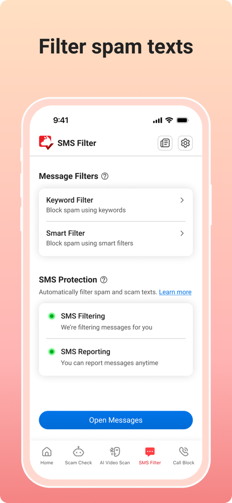 Trend Micro ScamCheck app interface showing SMS filtering and spam protection settings.