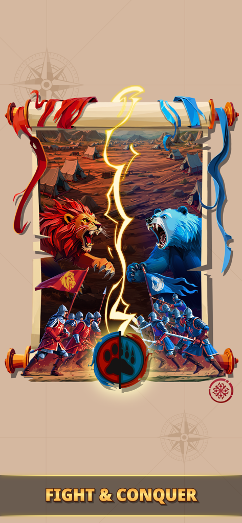 Medieval battle artwork showing a red lion faction and a blue bear faction clashing with the text Fight and Conquer