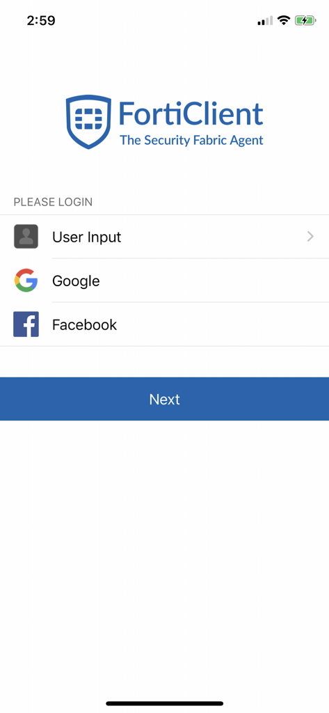 FortiClient - Schermata di login di FortiClient con opzioni per l'input utente, l'autenticazione Google e Facebook