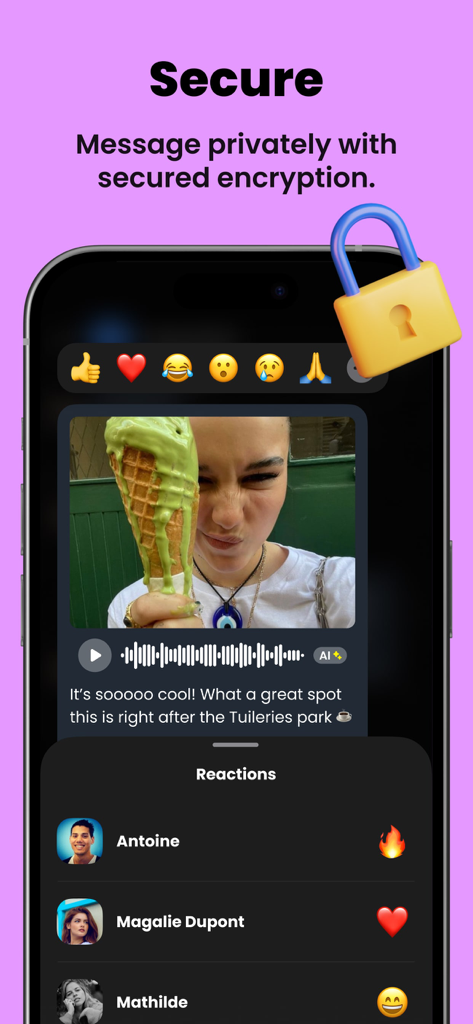 Vocalz: AI Voice Messenger - 스마트폰 화면, Vocalz AI 음성 메신저 앱의 안전하고 암호화된 개인 메시징 인터페이스 표시