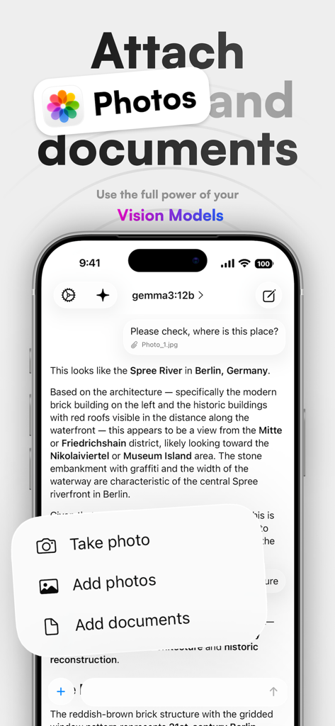 Eron - Interface de l'application Eron montrant comment joindre des photos et des documents pour analyse à l'aide de modèles de vision IA.