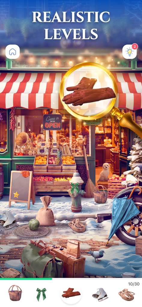 Bright Objects・Find the Hidden - Un nivel realista de juego de objetos ocultos en Bright Objects donde una lupa resalta un par de guantes marrones entre varios artículos en una escena al aire libre.