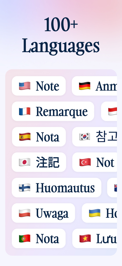 Notik: AI Note Taker - Interface of Notik app showing support for over 100 languages with translated terms and national flags