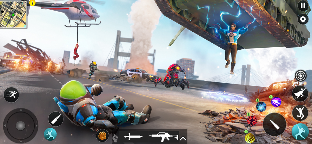 Flying Hero City Crime RPG - Superhero character lifting a tank with electric powers in a city battle scene