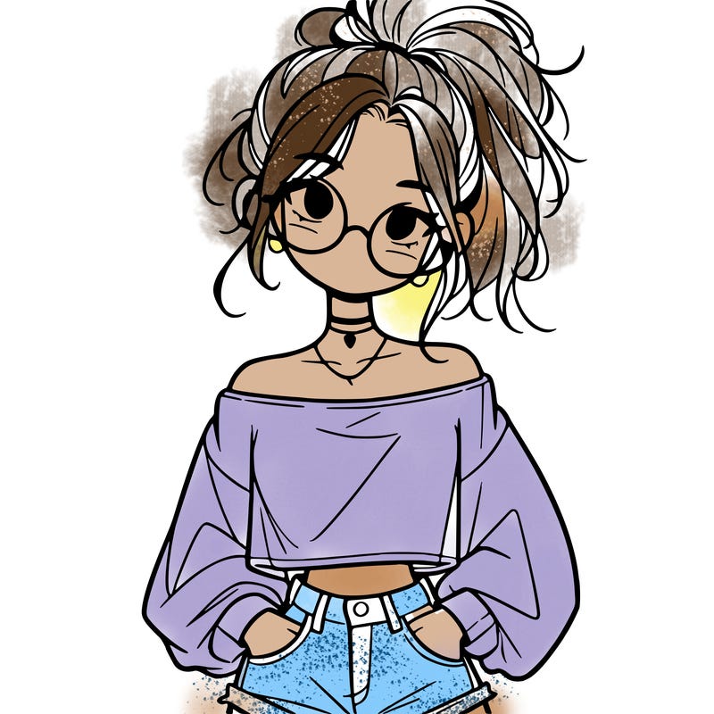 girl with a messy ponytail glasses a baggy crop top and jean shorts