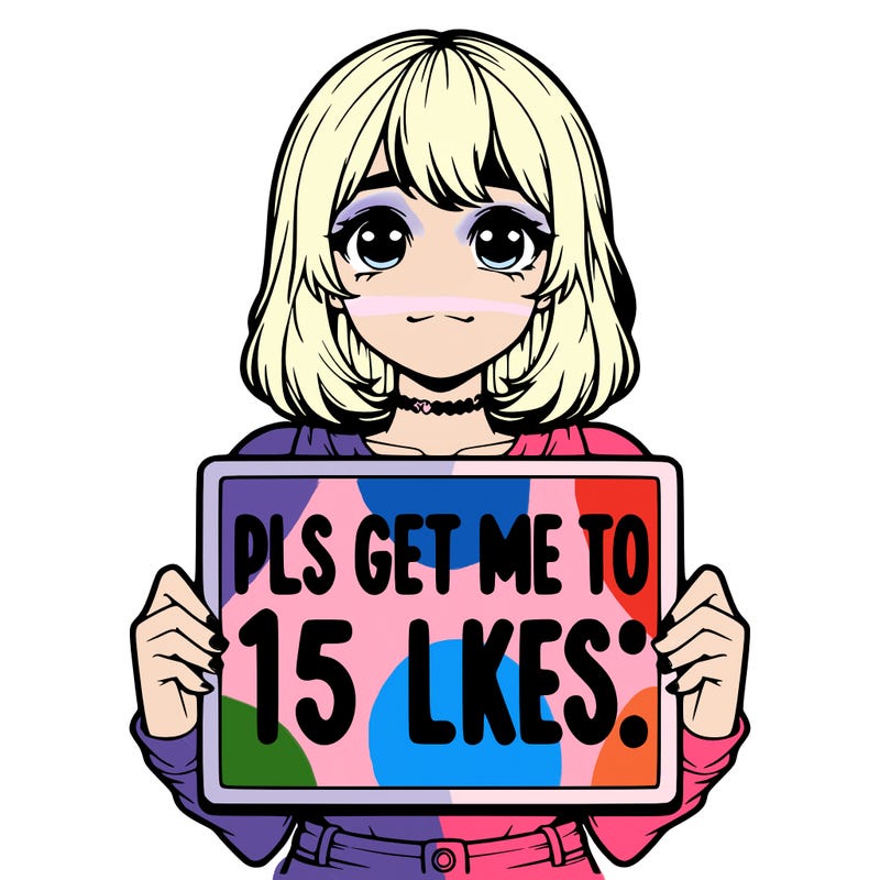realistic girl holding up a sign that says “pls get me to 15 likes!”