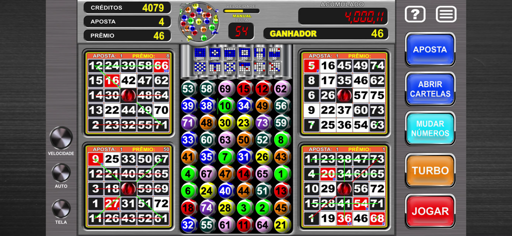 Megaball Video Bingo - 4つのビンゴカードとソーシャルカジノインターフェース上のカラフルな番号付きボールが表示されたメガボール ビデオビンゴのゲームプレイ画面。