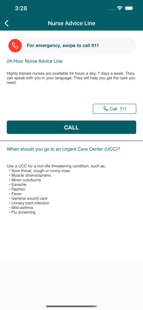 My Molina - 連絡先オプションと緊急ケアガイダンスを表示するMy Molinaアプリの看護師相談ライン画面