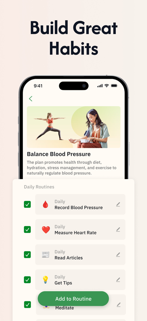 Daily Health - Healthy Routine - Daily Health app interface showing a list of daily habits like recording blood pressure and measuring heart rate.