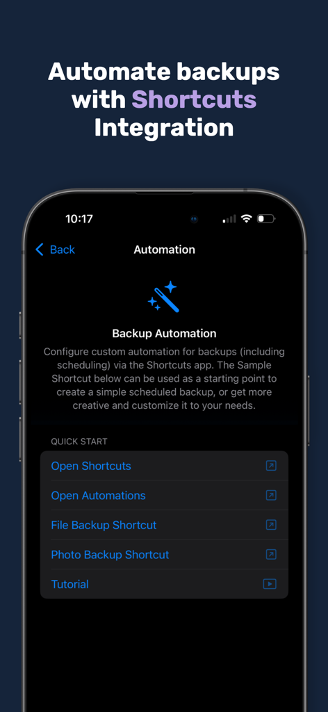 Parachute Backup Mobile - Bildschirm der Parachute Backup Mobile App, der die Integration von iOS-Shortcuts für automatisierte Foto- und Dateibackups zeigt