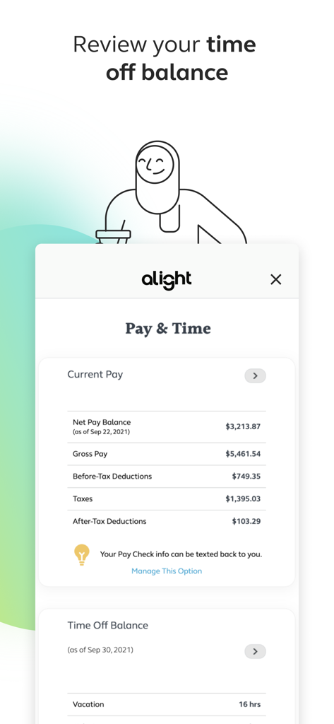 Alight Mobile - Alight Mobile app interface showing payroll details and time off balance
