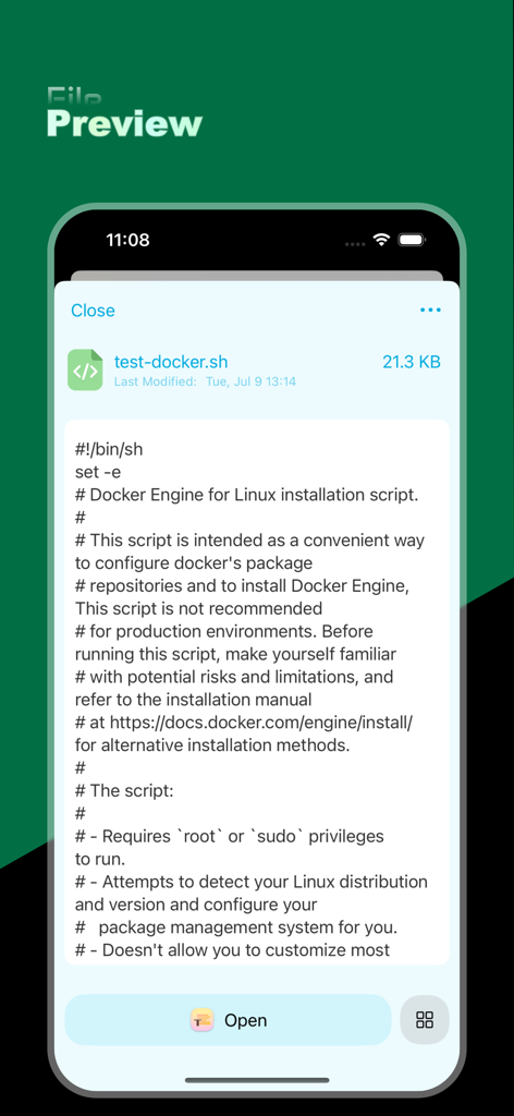 SSHUI - SSH Client & Terminal - SSHUIアプリ内でのDockerインストールのためのシェルスクリプトのファイルプレビュー。