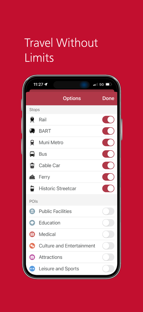 MuniMobile - MuniMobileアプリ設定画面：BART、バス、ケーブルカーなどの交通モード切り替えを表示