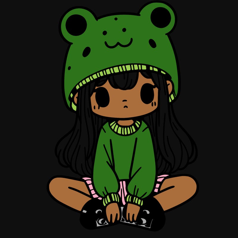 a girl wearing a frog hat and some frog socks