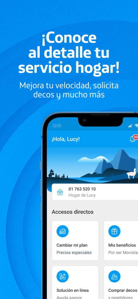 Interface of the Mi Movistar Peru app showing options to manage home internet and TV services including plan changes and technical support.