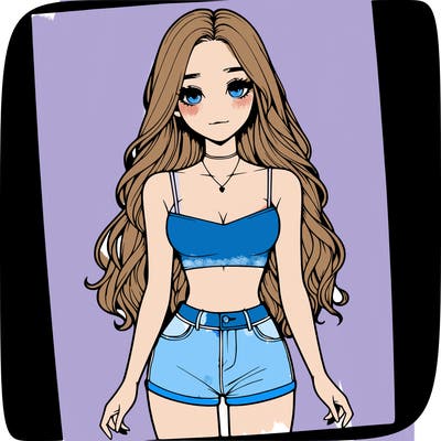 a realistic girl with long hair and in a crop top and shprts