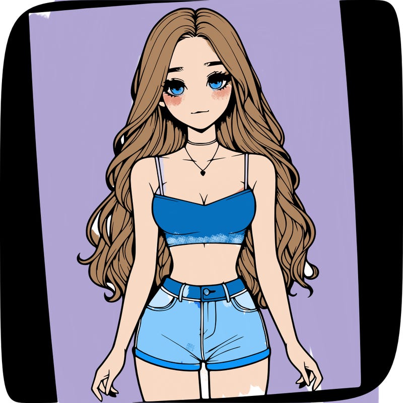 a realistic girl with long hair and in a crop top and shprts