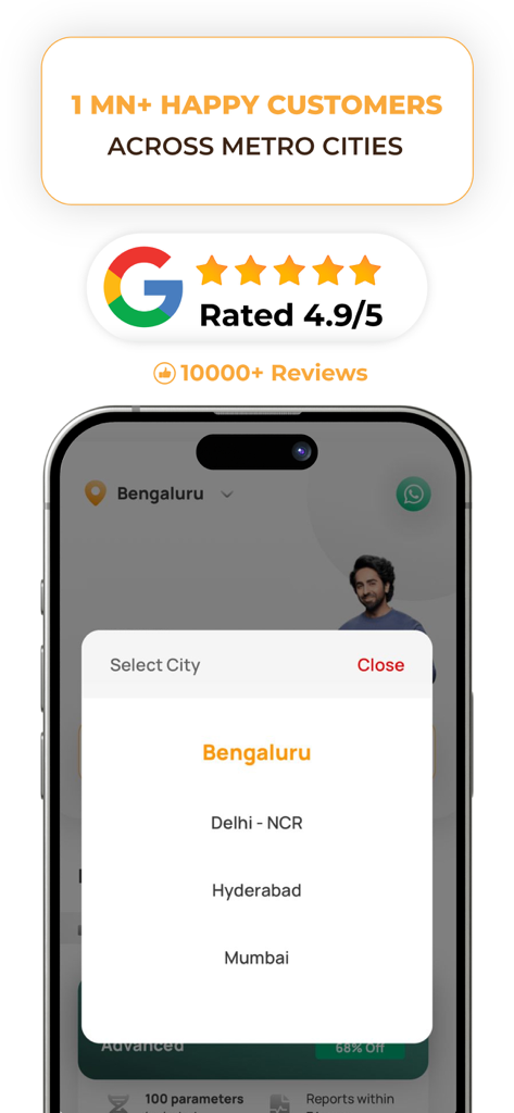 Orange Health Labs: Blood Test - Orange Health Labs mobile app showing a 4.9 star rating and a city selection menu including Bengaluru, Delhi, Hyderabad, and Mumbai.