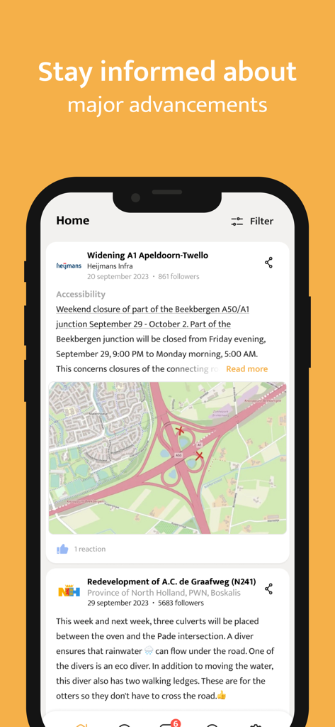 de BouwApp - De BouwApp 인터페이스에 지역 인프라 건설 업데이트 및 지도가 표시된 피드가 표시됨