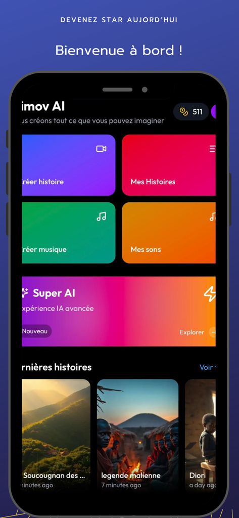 Kimov - El panel de la aplicación Kimov AI mostrando opciones de menú para crear historias y música usando inteligencia artificial