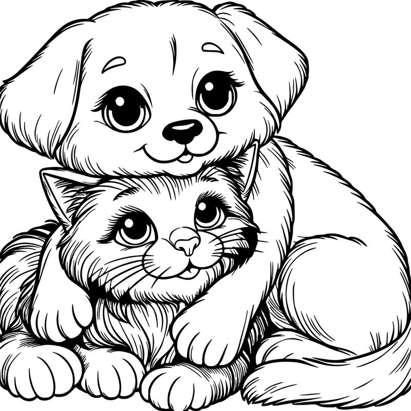 a realistic cute cat snuggling a dog