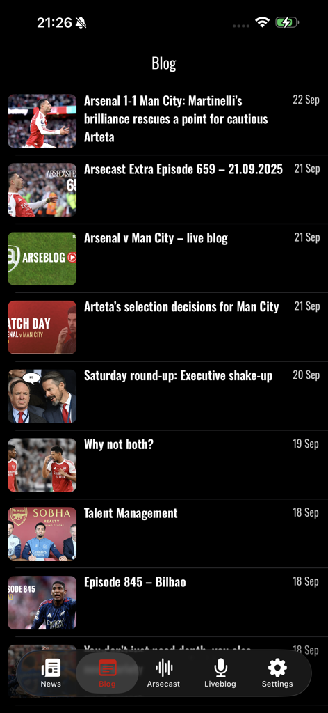 Arseblog app blog section displaying a list of Arsenal football club news and podcast episodes