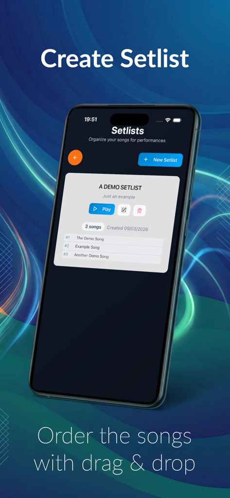 LyricsFlow Pro - LyricsFlow Pro app interface showing setlist creation and song ordering with drag and drop.