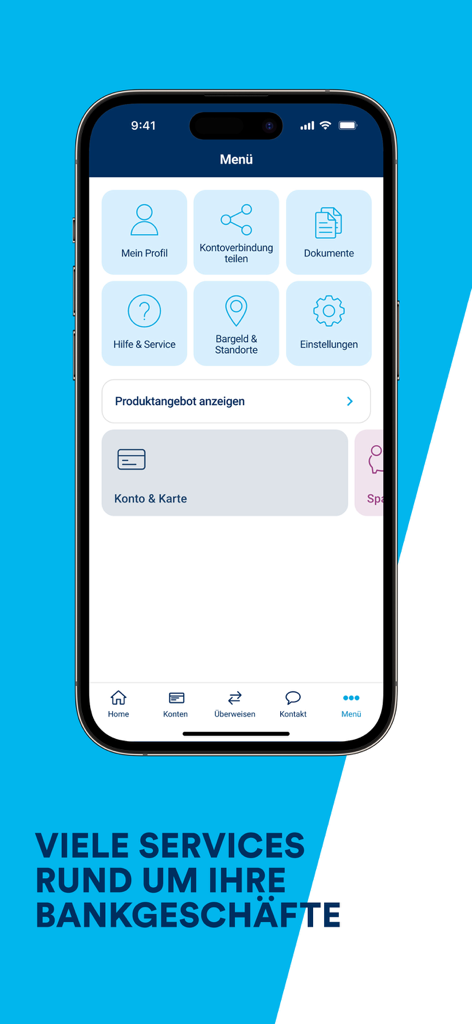 TARGOBANK Banking app menu interface on a smartphone displaying various service icons like profile documents and locations