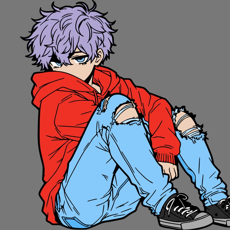 a male hoddie ripped jeans messy hair anime