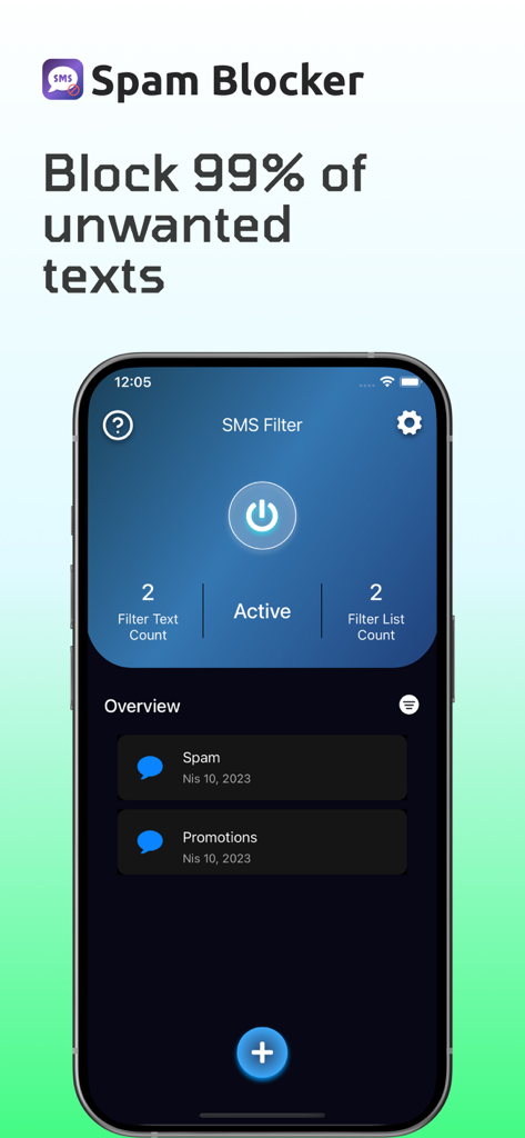 Interfaz de la aplicación Bloqueador de Spam en un iPhone mostrando el filtro de SMS activo y el resumen del filtrado de mensajes