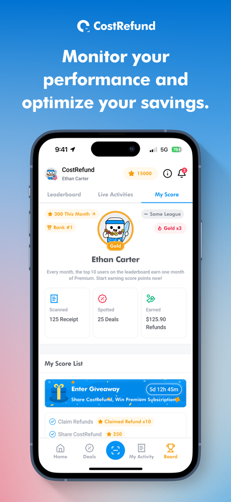 CostRefund app dashboard showing user savings performance including receipts scanned and total refunds earned