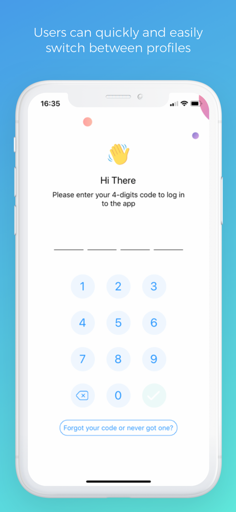 Connecteam Kiosk - Mobile screen of Connecteam Kiosk app showing a numeric keypad for entering a 4-digit login code to switch profiles.
