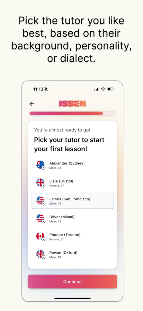 ISSEN - Voice Tutor - Interfaz de la aplicación ISSEN mostrando una lista de tutores IA con varios acentos y dialectos