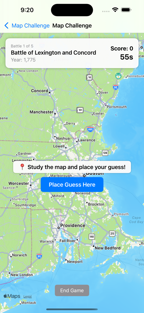 Revolutionary War - An interactive map challenge game within the Revolutionary War app asking the user to locate the Battle of Lexington and Concord on a geographic map.