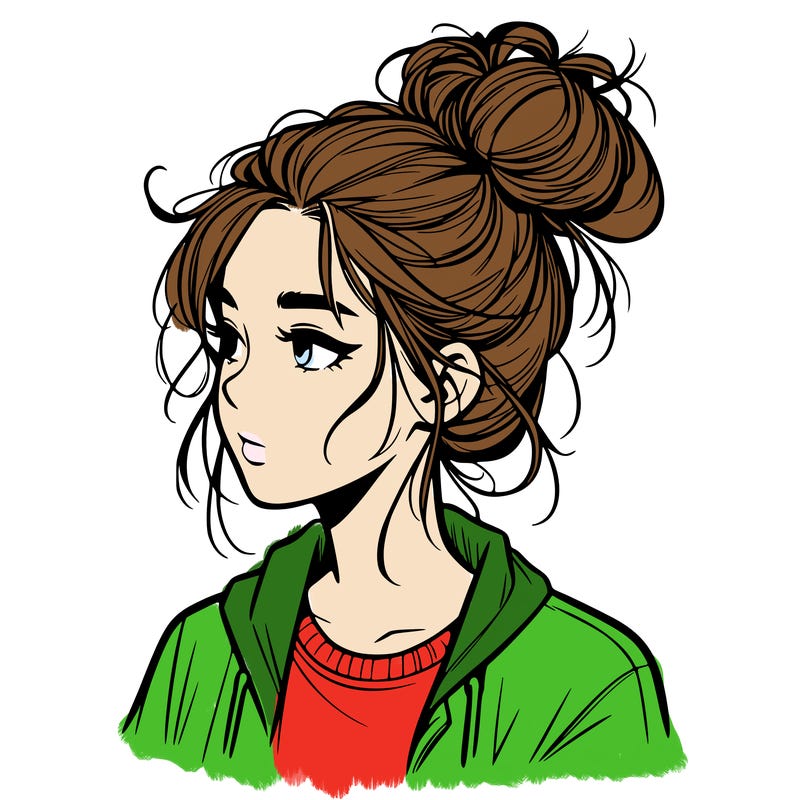 realistic teenage girl with a messy bun