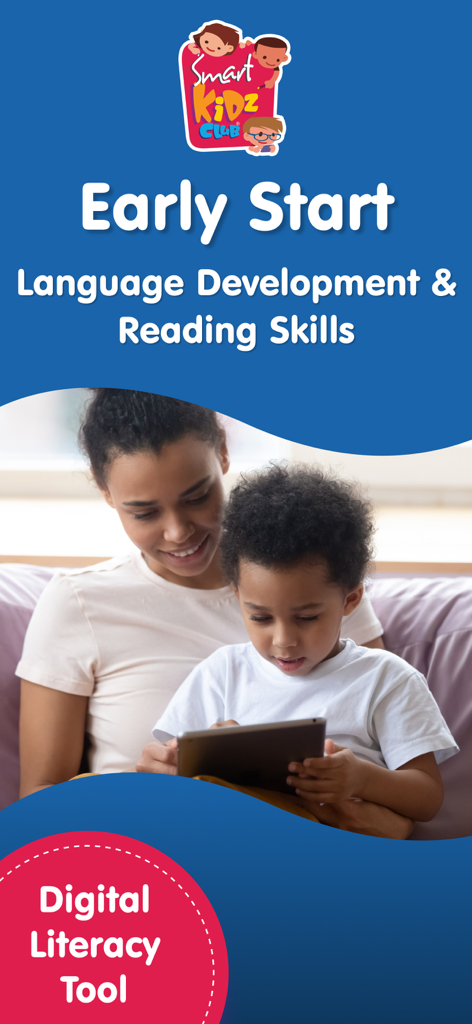 A mother and child sitting together and using a tablet for early language development and reading skills.