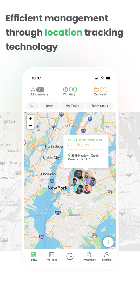 Timey – Work Management - Timey app screenshot showing real-time employee location tracking on a New York City map with clock-in details