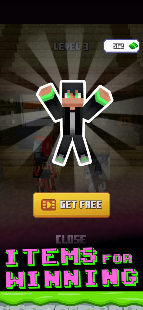 Craft Runner - Money Run 3D - Schermata del gioco Craft Runner che mostra ricompense e un personaggio a blocchi che festeggia oggetti vincenti