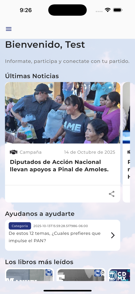 Partido Accion Nacional - Écran d'accueil de l'application Partido Accion Nacional montrant les dernières nouvelles et les sondages politiques