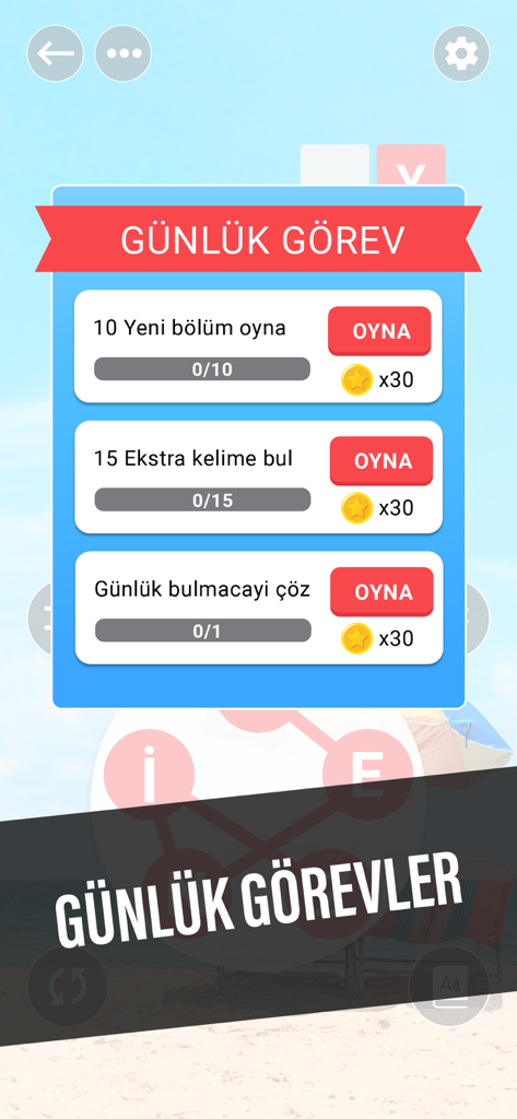 Kelime Gezmece - Kelime Gezmece daily missions screen showing tasks and coin rewards