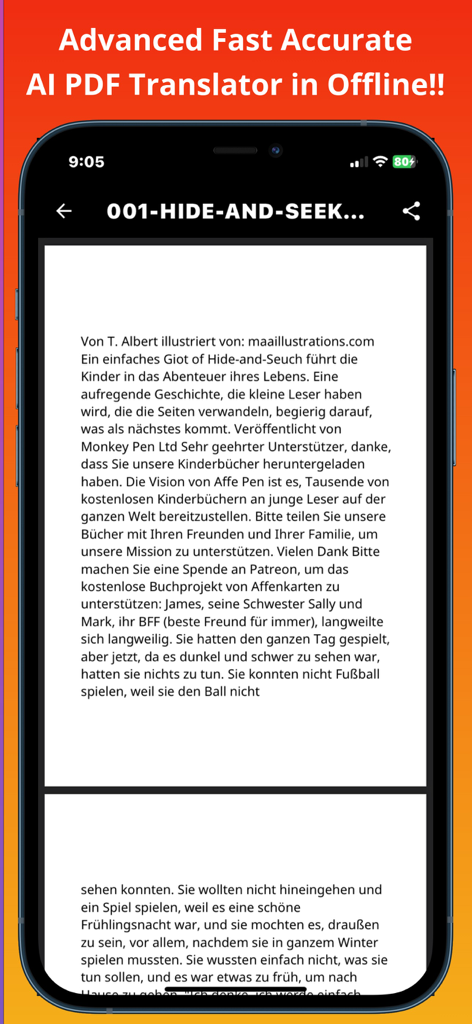 PDF Language Translator - A smartphone displaying a PDF document translated into German using an offline AI translator app