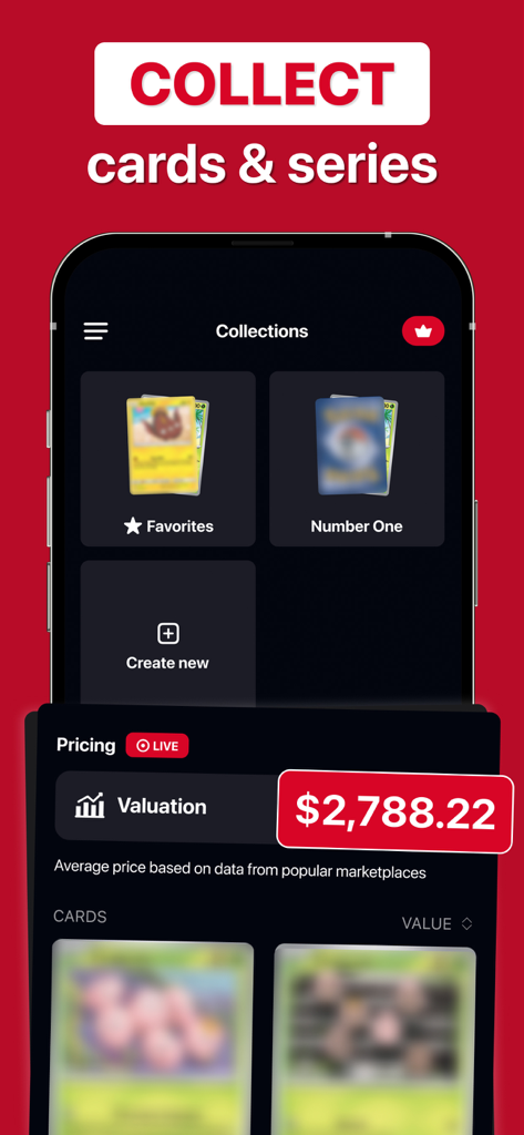 MonPrice: Card Value Scanner - Interfaccia dell'app mobile che mostra una dashboard della collezione di carte con una valutazione totale live di oltre duemila dollari