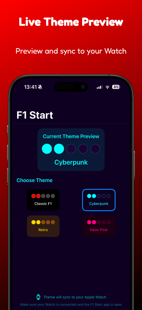 Interface de l'application F1 Start montrant différentes options de thèmes de couleurs et la synchronisation Apple Watch
