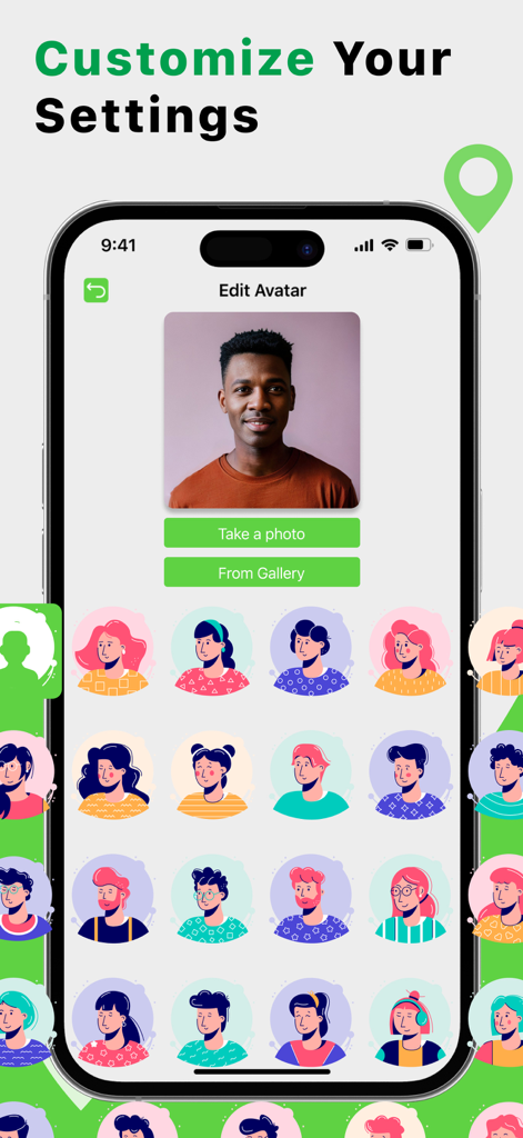 Smartphone screen showing the GeoSafe app's avatar customization settings with various profile icon options.