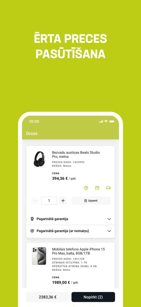 1a.lv - Kopā ar Tevi - Shopping cart screen in the 1a.lv app showing Beats headphones and iPhone 15 Pro Max