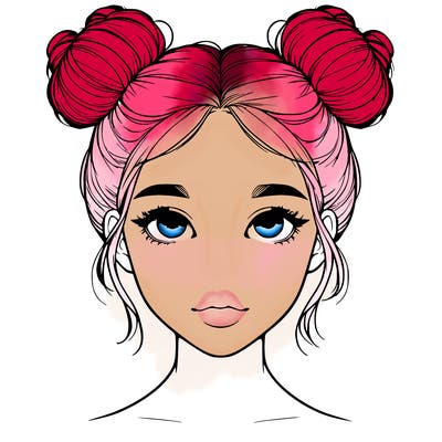 realistic girl with two buns on top of her head